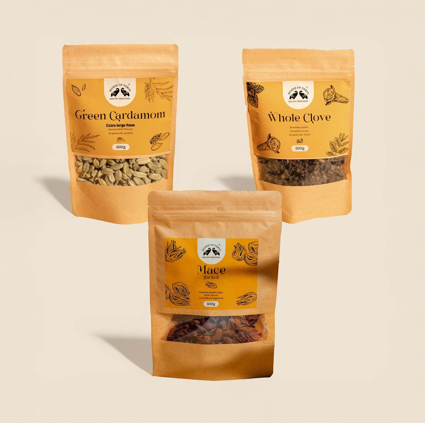 Western Ghat Spice Bundle - Whole Cloves, Green Cardamom 8mm, Mace (100g/50g)