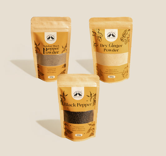 Estate Spice Bundle - Whole Black Pepper, Malabar Black Pepper Powder, Dry Ginger Powder (100g)